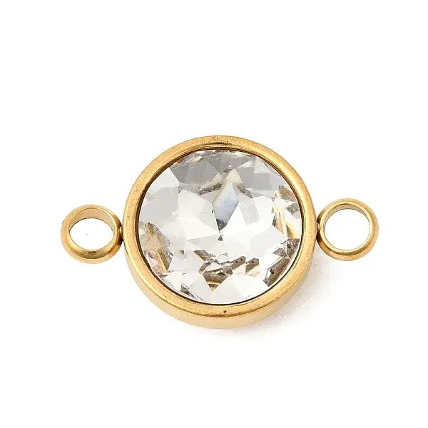 304 Stainless Steel with Faceted K9 Glass Birth Stone Flat Round Links Connector Charms