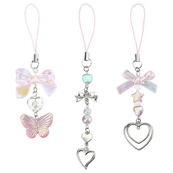 4 Sets Alloy & Acrylic Heart Shape Mobile Straps