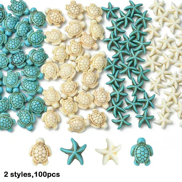 100Pcs 4 Styles Dyed Synthetic Turquoise Beads