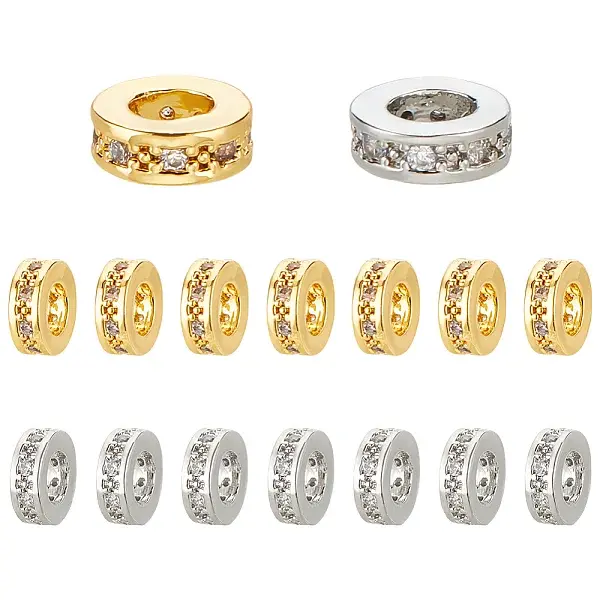 16Pcs 2 Colors Brass Micro Pave Clear Cubic Zirconia European Beads