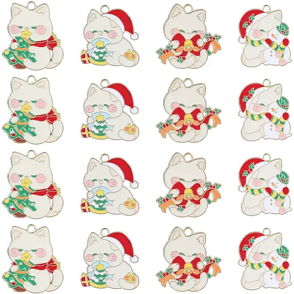 16Pcs 4 Styles Christmas Theme Alloy Enamel Pendants