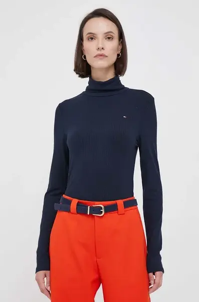 Tričko s dlouhým rukávem Tommy Hilfiger dámské, tmavomodrá barva, s golfem, WW0WW39826