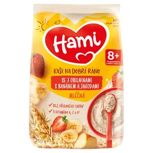 HAMI Mléčná kaše se 7 obilninami s banánem a jahodami na Dobré ráno 8m+  210 g