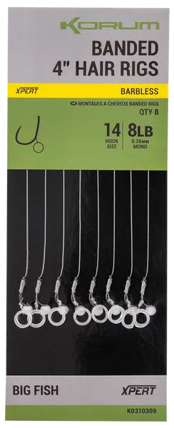 Korum návazec banded hair rigs barbless 8 ks délka 4" - velikost háčku 14
