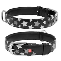 Plochý kožený obojok s hviezdičkami čierny svietiaci, Obvod krku: 38-49cm, šírka: 25mm