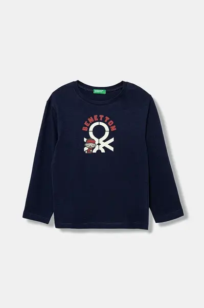 Dětské bavlněné tričko s dlouhým rukávem United Colors of Benetton tmavomodrá barva, s potiskem, 3I1XG10F2