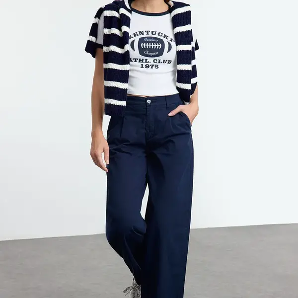 Trendyol Navy Blue Pleated High Waist Denim Barrel Trousers