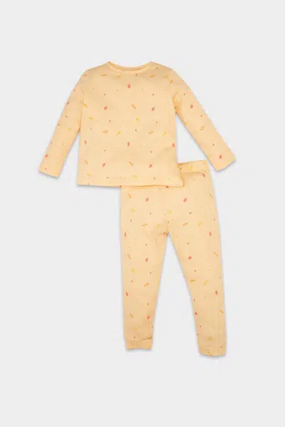 DEFACTO Baby Girl Pajama Set Food Printed Waffle Long Sleeve Top Long Bottom