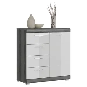 MID.YOU KOMODA, vysoce lesklá bílá, tmavě šedá, 80/85/37 cm