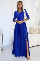 309-12 AMBER elegantní dlouhé krajkové šaty s výstřihem - barva MODRÁ