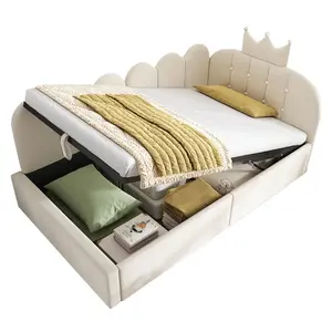 Modfu DENNÍ postel ze sametu 90x190 cm béžová s hydraulickým úložným prostorem a korunovým designem