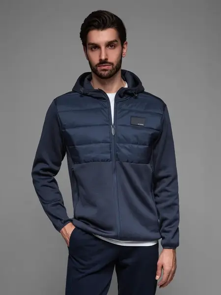 Ombre Men's lightweight jacket of combined materials with hood and decorative quilting - navy blue