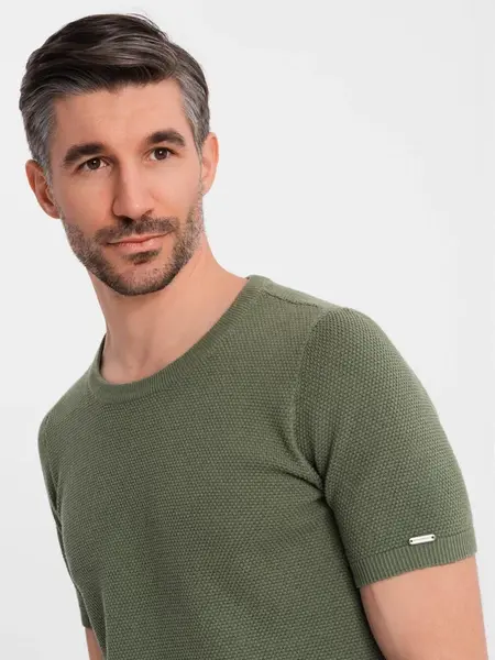 Ombre Men's knitted t-shirt with fine texture - olive
