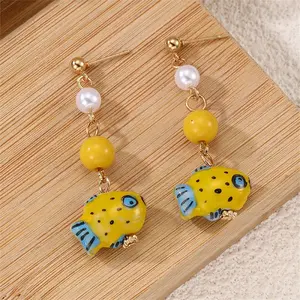 Alloy & Plastic Pearl & Porcelain Stud Dangle Earrings