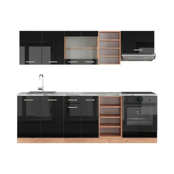 Vicco KUCHYŇSKÝ KOUT R-Line Černý/zlatý dub s vysokým leskem 240 cm , PD Mramor