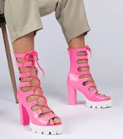 marka niezdefiniowana Pink high-heeled boots with cut-outs Marsala