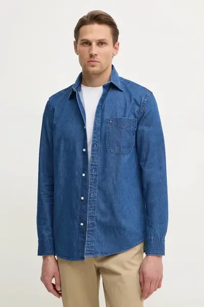 Džínová košile Tommy Hilfiger pánská, modrá barva, regular, s klasickým límcem, MW0MW37581