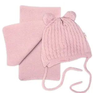Baby Nellys Zimní čepice na zavazování s bambulky + šál, pudrově růžová vel.  74/80
