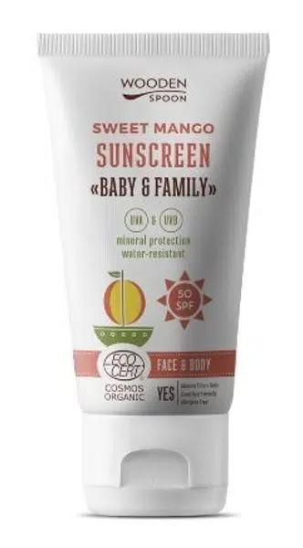 WoodenSpoon Baby & Family Opalovací tělové mléko Mango SPF50 150 ml