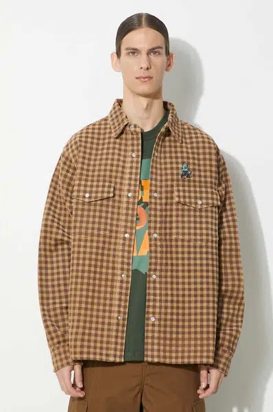 Košilová bunda ICECREAM Corduroy Check hnědá barva, IC24119