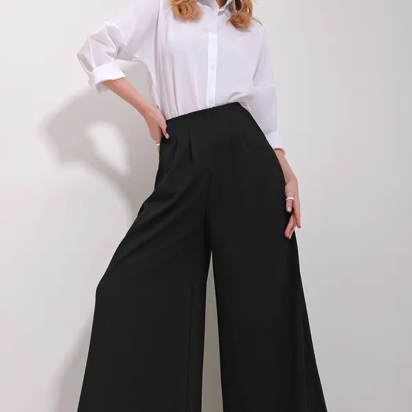 Trend Alaçatı Stili Women's Black High Waist Darts Wide Leg Front Zipper Trousers