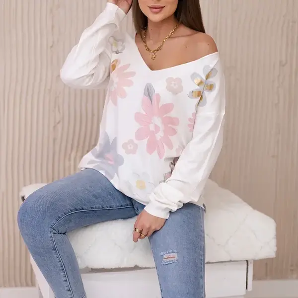 Svetrová halenka s barevnými květy růžová+šedá