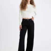 DEFACTO Gabardine Black Pants Wide Leg Wide Leg Regular Waist Plain Basic