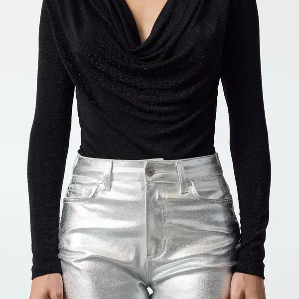 Trendyol Black Ruffle Collar Glitter Knitted Bodysuit
