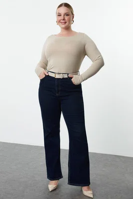 Trendyol Curve Beige 100% Cotton Body-fitting Long Sleeve Plus Size T-shirt