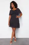Trendyol Curve Black Polka Dot Elastic Waist Woven Mini Chiffon Lined Plus Size Dress