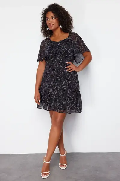 Trendyol Curve Black Polka Dot Elastic Waist Woven Mini Chiffon Lined Plus Size Dress