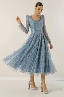 By Saygı Čtvercový výstřih s dlouhým rukávem lemovaný prošívání Korálkové šaty