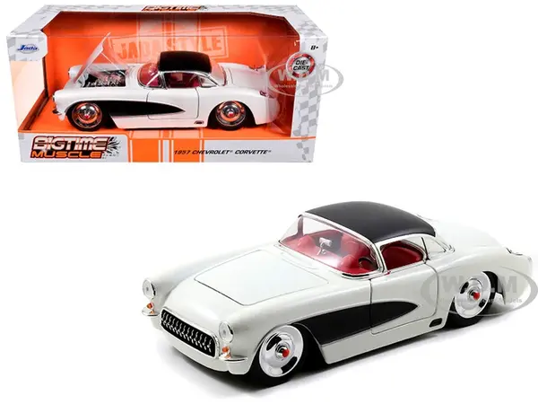 1957 Chevrolet Corvette Satin Cream Metallic with Matt Black Top and Side 1/24 Diecast Model Car by Jada