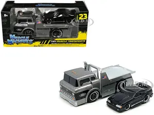 1966 Ford C600 Flatbed Truck Gray Metallic and 1993 Ford Mustang SVT Cobra Black "Toyo Tires" "Muscle Transports" Series 1/64 Diecast Models by Muscl