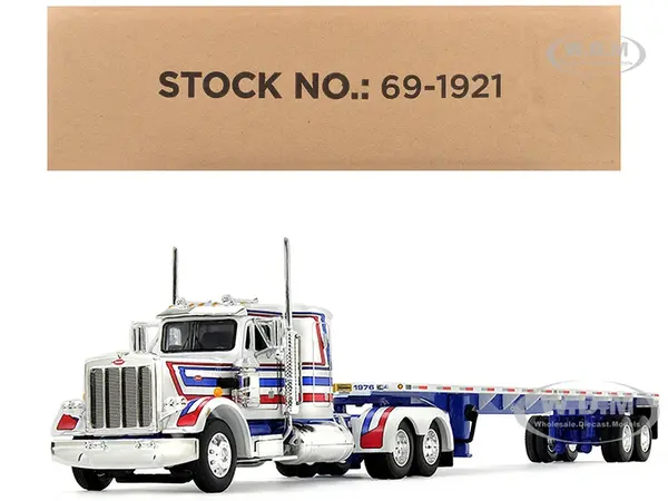 Peterbilt 359 with 36" Flat Top Sleeper and 48 Utility Flatbed Trailer White with Blue and Red Stripes "Bicentennial Patriot" 1/64 Diecast Model by D