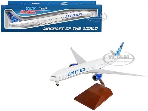Boeing 777-300 Commercial Aircraft "United Airlines" (N2749U) White with Blue Tail with Wood Stand (2019 Livery) (Snap-Fit) 1/200 Plastic Model by Sk