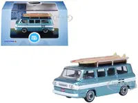 1961 Chevrolet Corvair Greenbrier Passenger Wagon Van Turquoise Metallic and Cameo White with Surfboards on Roof 1/87 (HO) Scale Diecast Model Car by