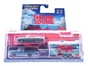 1966 Ford Thunderbird Convertible Blue (Dust Covered) and 1967 Ford F-250 Pickup Truck Blue with Enclosed Car Hauler "Thelma &amp; Louise" (1991) Mov