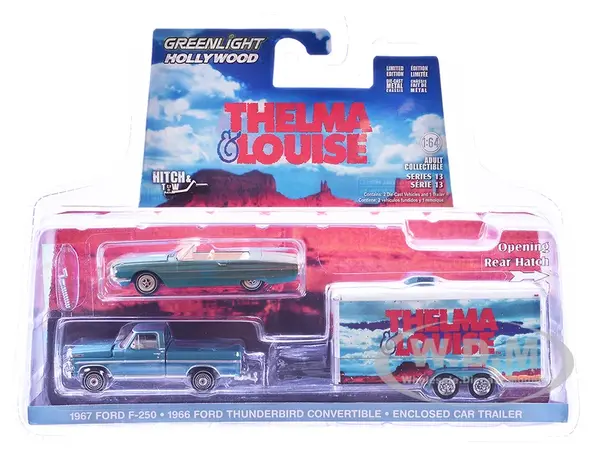 1966 Ford Thunderbird Convertible Blue (Dust Covered) and 1967 Ford F-250 Pickup Truck Blue with Enclosed Car Hauler "Thelma &amp; Louise" (1991) Mov