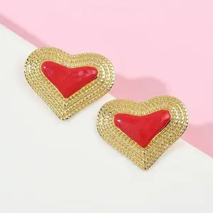 Brass Enamel Heart Stud Earrings