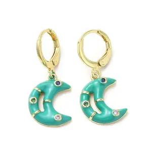 Crescent Moon Golden Brass Dangle Leverback Earrings