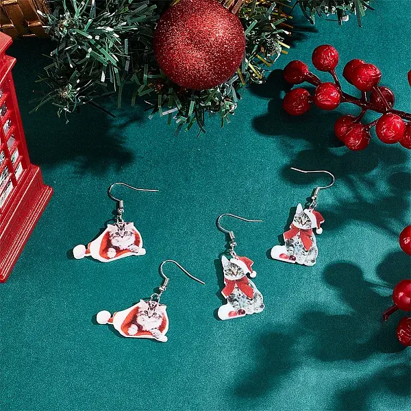 2 Pairs 2 Style Christmas Hat with Cat Acrylic Dangle Earrings