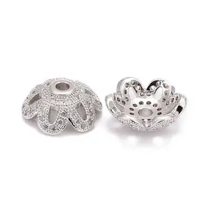 Eco-Friendly 6-Petal Flower Brass Micro Pave Cubic Zirconia Bead Caps