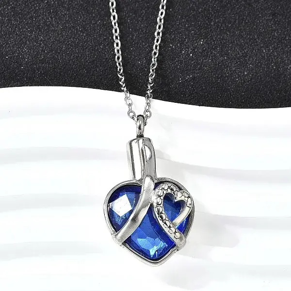 304 Stainless Steel & Blue Glass Heart Urn Ashes Necklaces