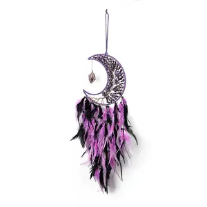 Natural Amethyst Chips Beaded Moon with Feather Pendant Decorations