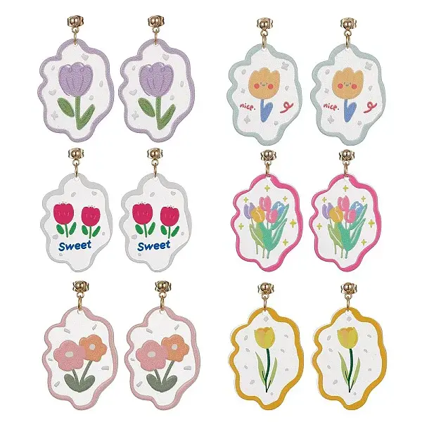 6 Pair 6 Style Acrylic Flower Dangle Stud Earrings