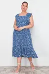 Trendyol Curve Navy Blue A-Line Midi Ruffled Floral Patterned Woven Dress