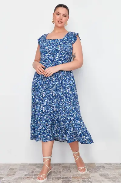 Trendyol Curve Navy Blue A-Line Midi Ruffled Floral Patterned Woven Dress