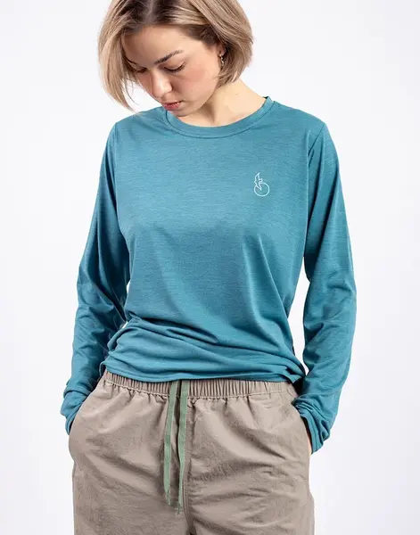 Patagonia W's L/S Cap Cool Daily Graphic Shirt - Waters Swelldrifter: Wetland Blue X-Dye M