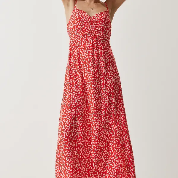 Happiness İstanbul Women's Red Strap Patterned Viscose Dress